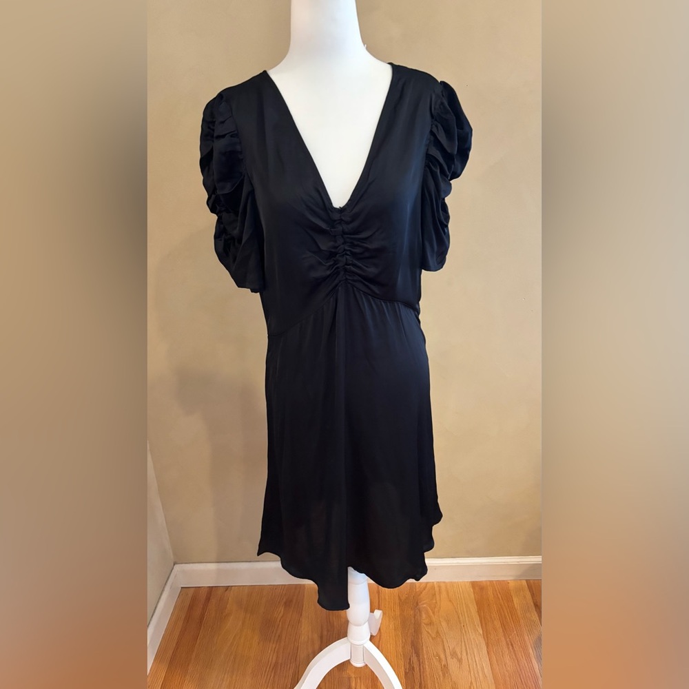 GAP Puff-Sleeve Ruched Mini black satin style dress NWT